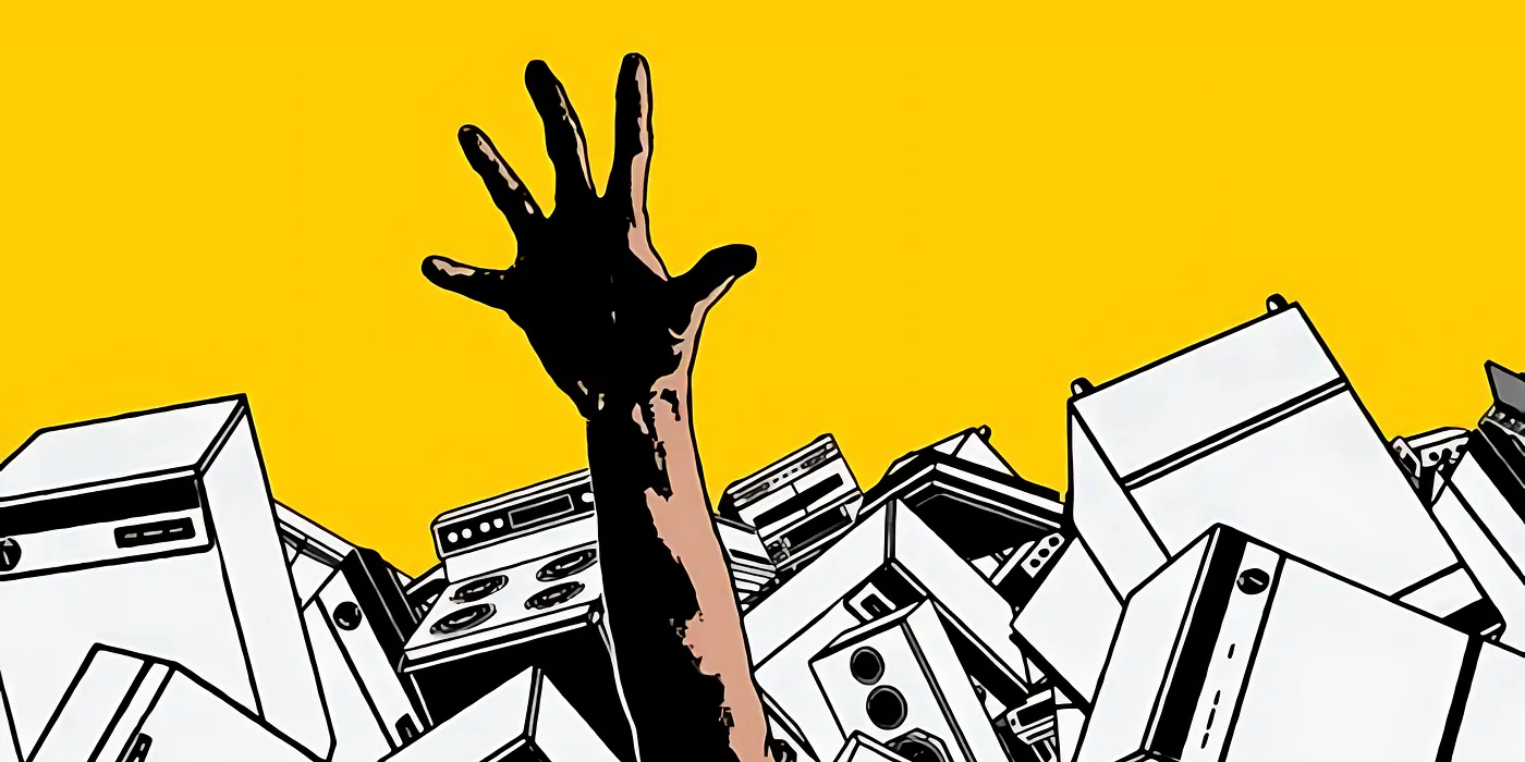 A hand reaching above a pile of computers, illustrating digital overload