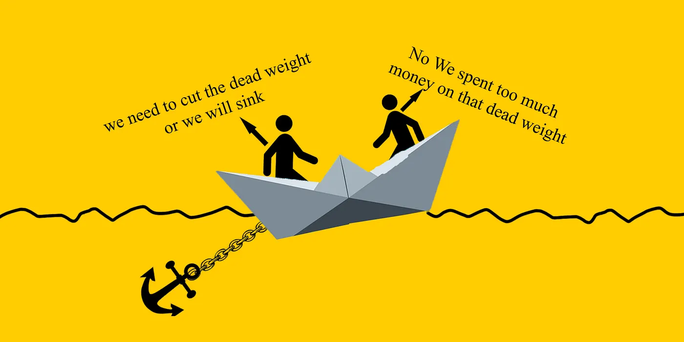 Two people in a paper boat debating whether to cut away an anchor