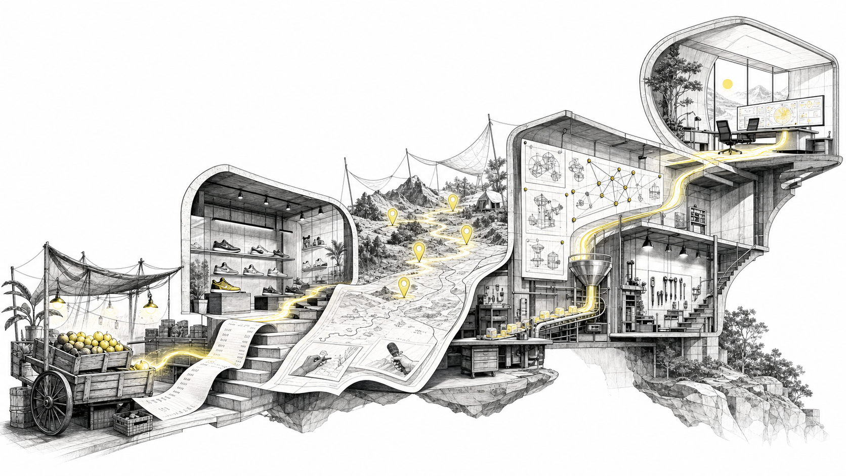 An illustrated operating landscape moving from a street fruit cart through a sales floor, research field, design studio, and founder's office.